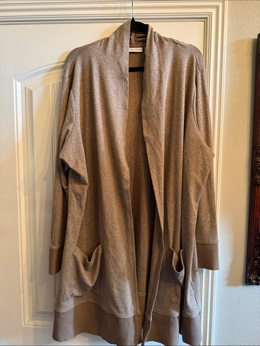 Susan Graver Open-Front Cardigan in Taupe Brown